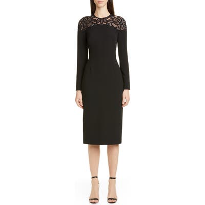 Lela Rose Lace Yoke Long Sleeve Midi Sheath Dress, Black