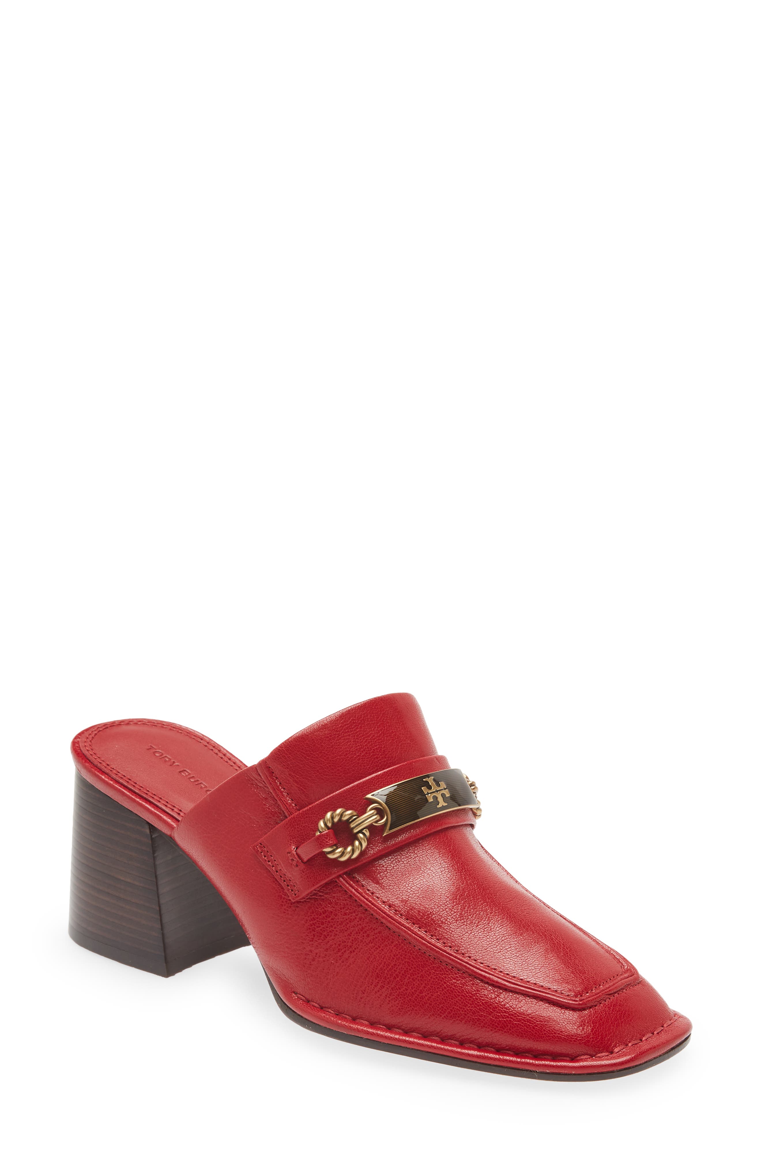 womens red leather mules