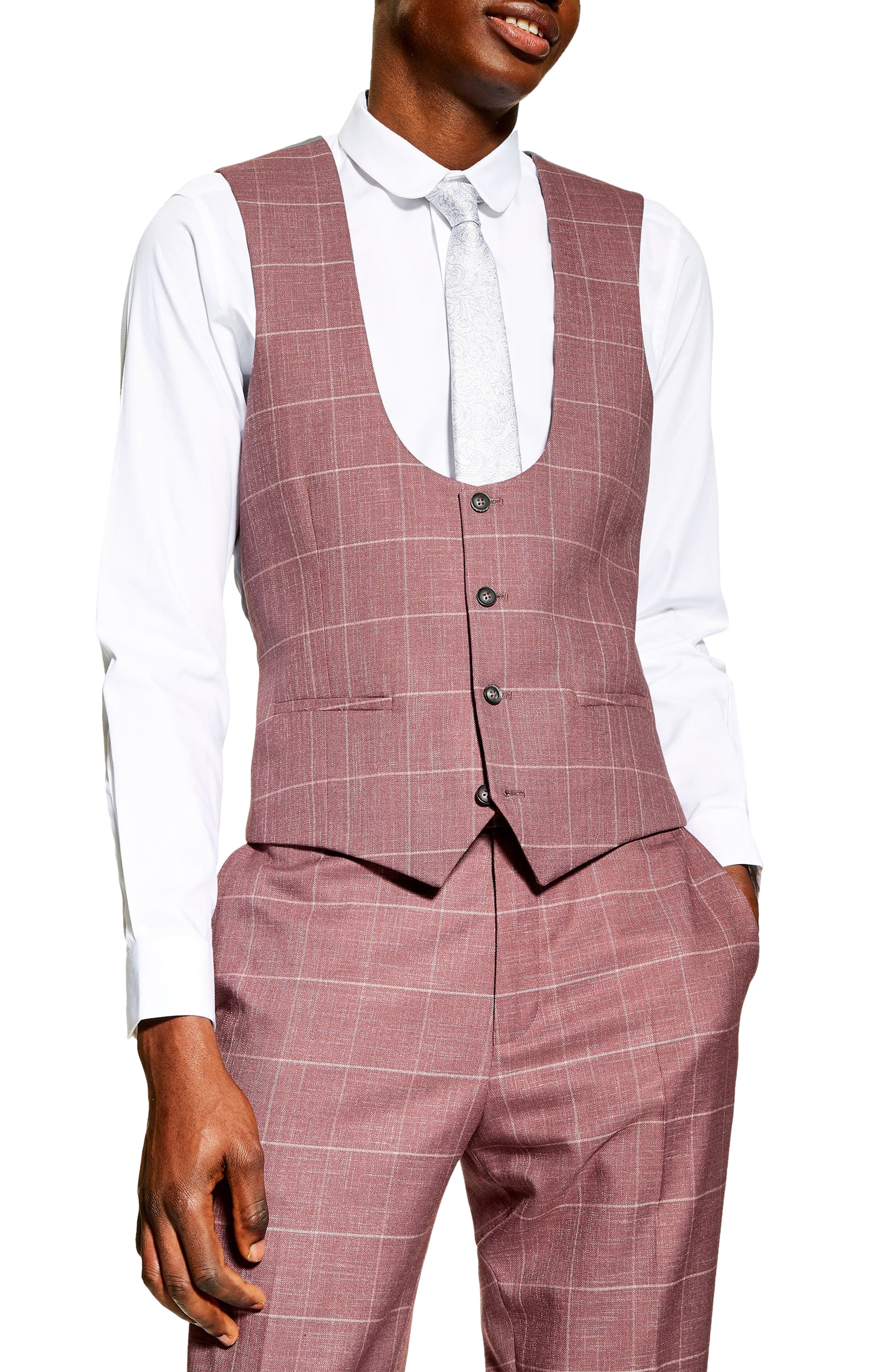 Topman Slim Fit Windowpane Suit Vest, Pink