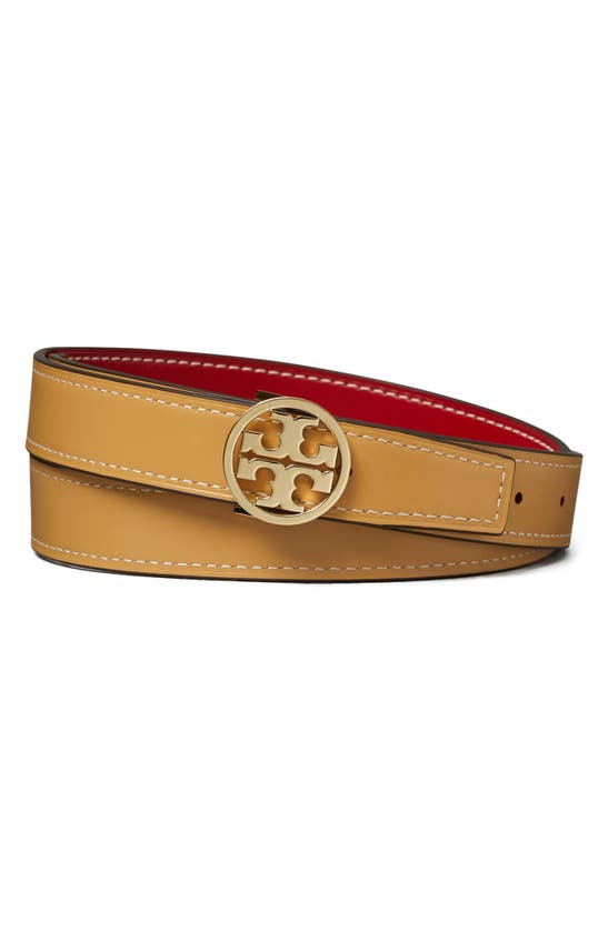 Shop Tory Burch Miller Reversible Leather Belt In Tory Red/ginger Shortbread/gld