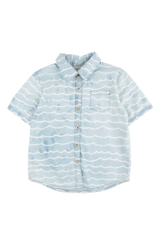 Miki Miette Kids' Jerry Wave Print Short Sleeve Cotton Button-up Shirt In Key West
