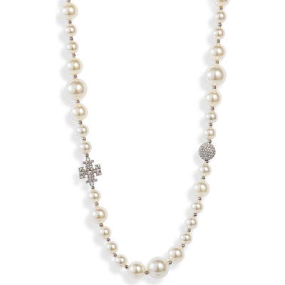 Tory Burch Pave Crystal Charm & Imitation Pearl Choker Necklace