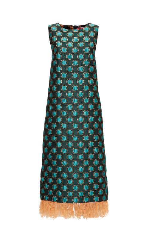 La Doublej Jacquard Column Dress With Feather Trim In Jacquard Winter Sun Emerald