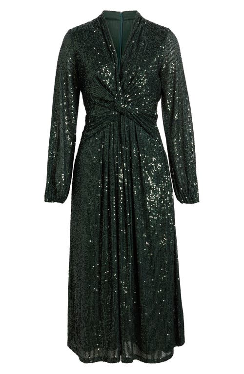 Shop Anne Klein Sequin Twist Front Long Sleeve Midi Dress In Pine Forest