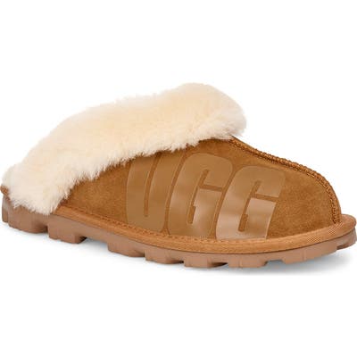 Ugg Logo Genuine Shearling Slipper, Brown