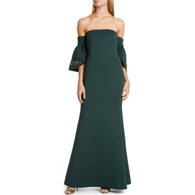 Badgley Mischka Off The Shoulder Trumpet Gown, Green