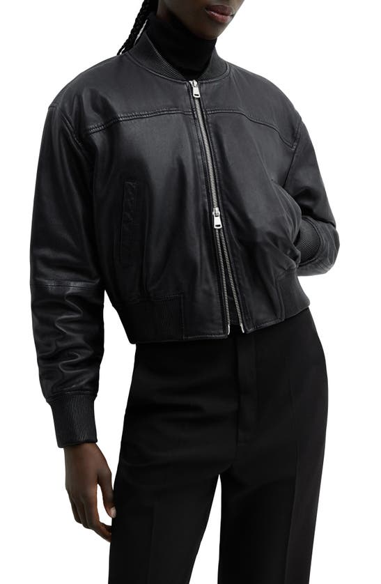 Shop Mango Leather Bomber Jacket In Black