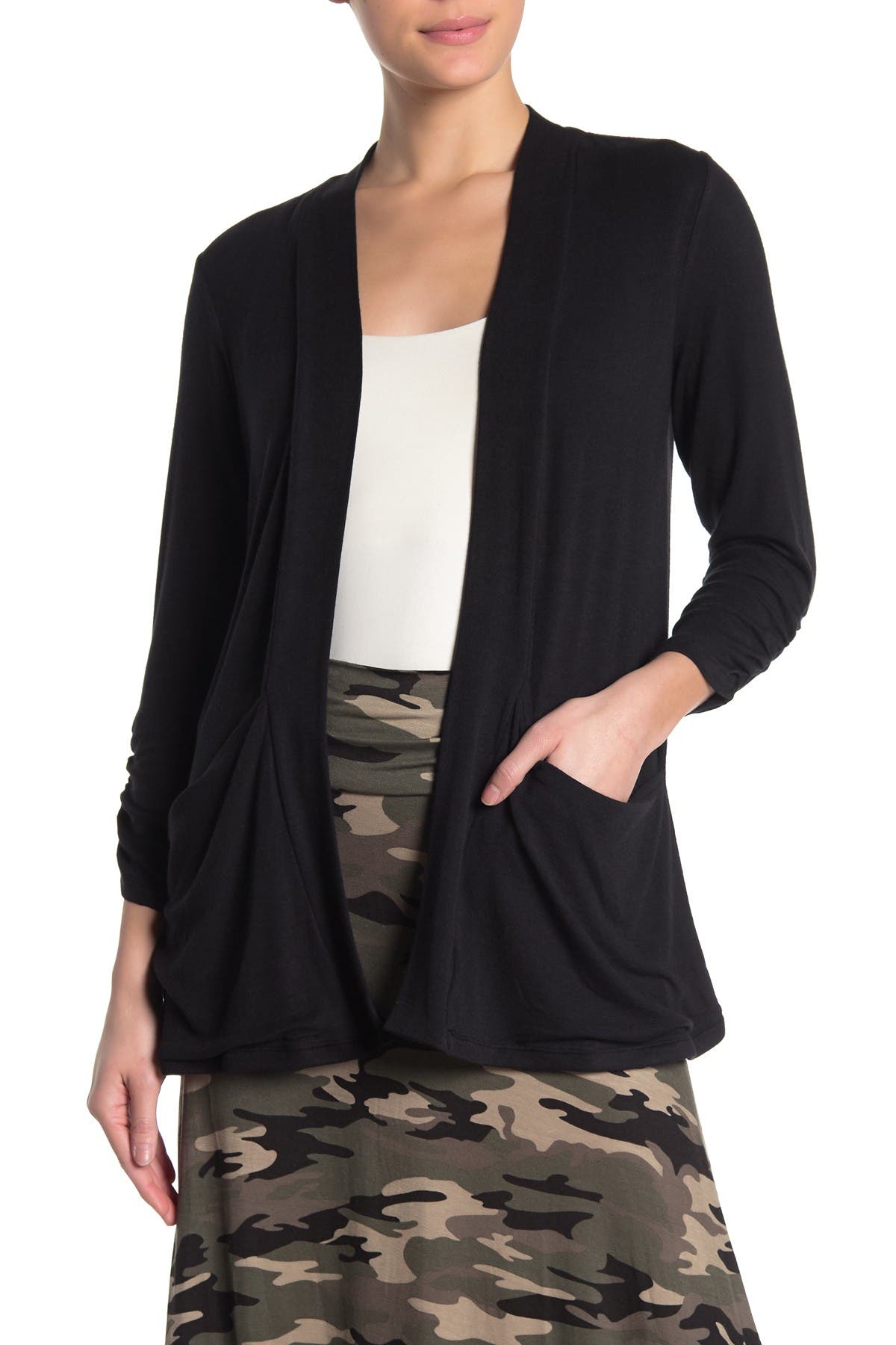 bobeau ruched sleeve cardigan