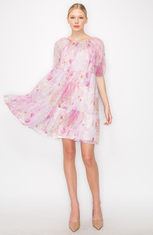 Shop Melloday Floral Tiered Chiffon Shift Dress In Lavender Print
