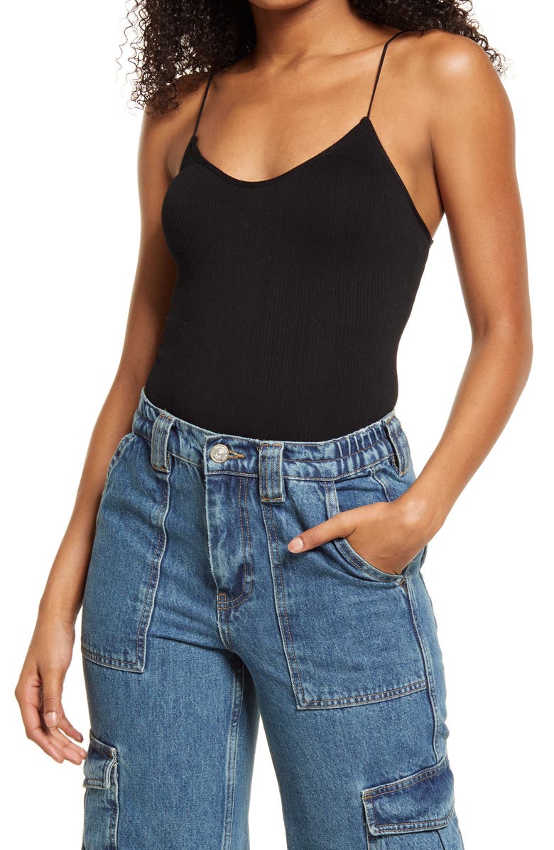 BDG URBAN OUTFITTERS Bungee Strap Rib Thong Bodysuit, Main, color, BLACK