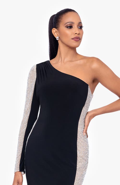 Shop Xscape Evenings Rhinestone Embellished One-shoulder Gown In Black/nude/silver