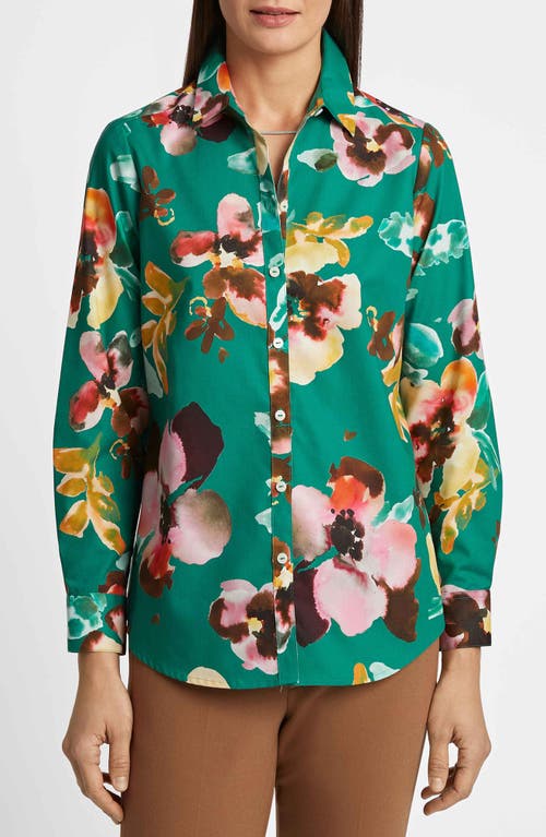 Foxcroft Zoey Watercolor Floral Cotton Button-up Shirt In Green Multi