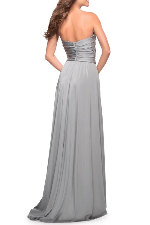 Shop La Femme Simple Strapless Jersey Dress With High Slit In Silver