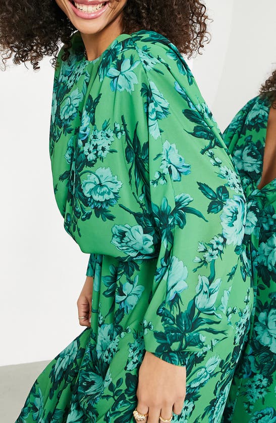 Asos Design Edition Floral V-back Long Sleeve Dress In Green Multi