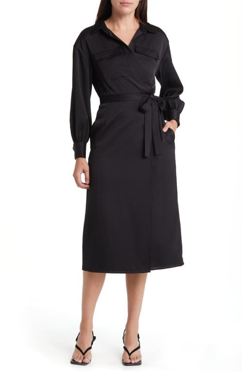 Harlow Long Sleeve Satin Midi Wrap Dress in 01-Blackout