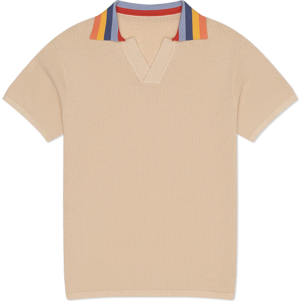 MAVRANS Stripe Accent Johnny Collar Polo Sweater in Beige
