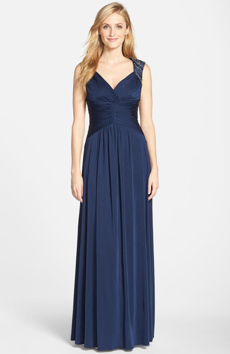 Vince Camuto Beaded Shoulder Ruched Gown | Nordstrom
