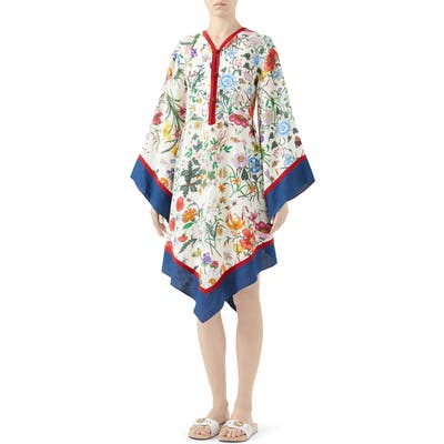 Gucci Flora Print Long Sleeve Linen Dress, US / 40 IT - Ivory