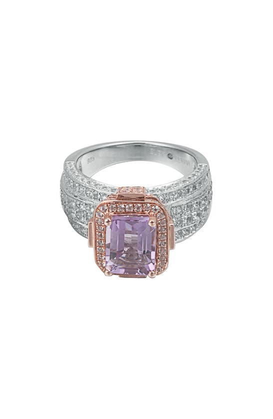 Suzy Levian Two-tone Emerald Cut Semiprecious Stone & White Topaz Halo Ring In Pink