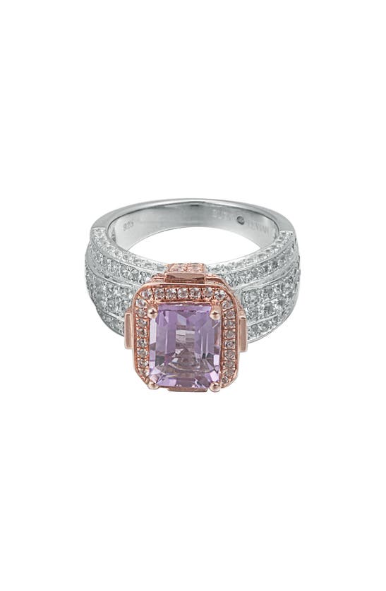 Shop Suzy Levian Two-tone Emerald Cut Semiprecious Stone & White Topaz Halo Ring In Pink