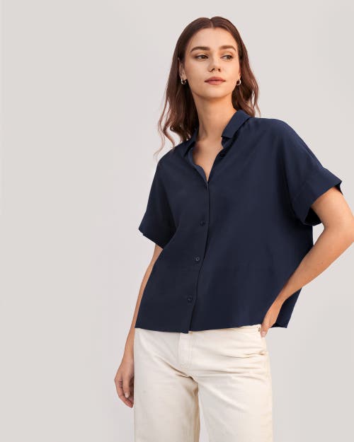 Shop Lilysilk Casual Short Sleeves Loose Silk Shirt In Navy Blue