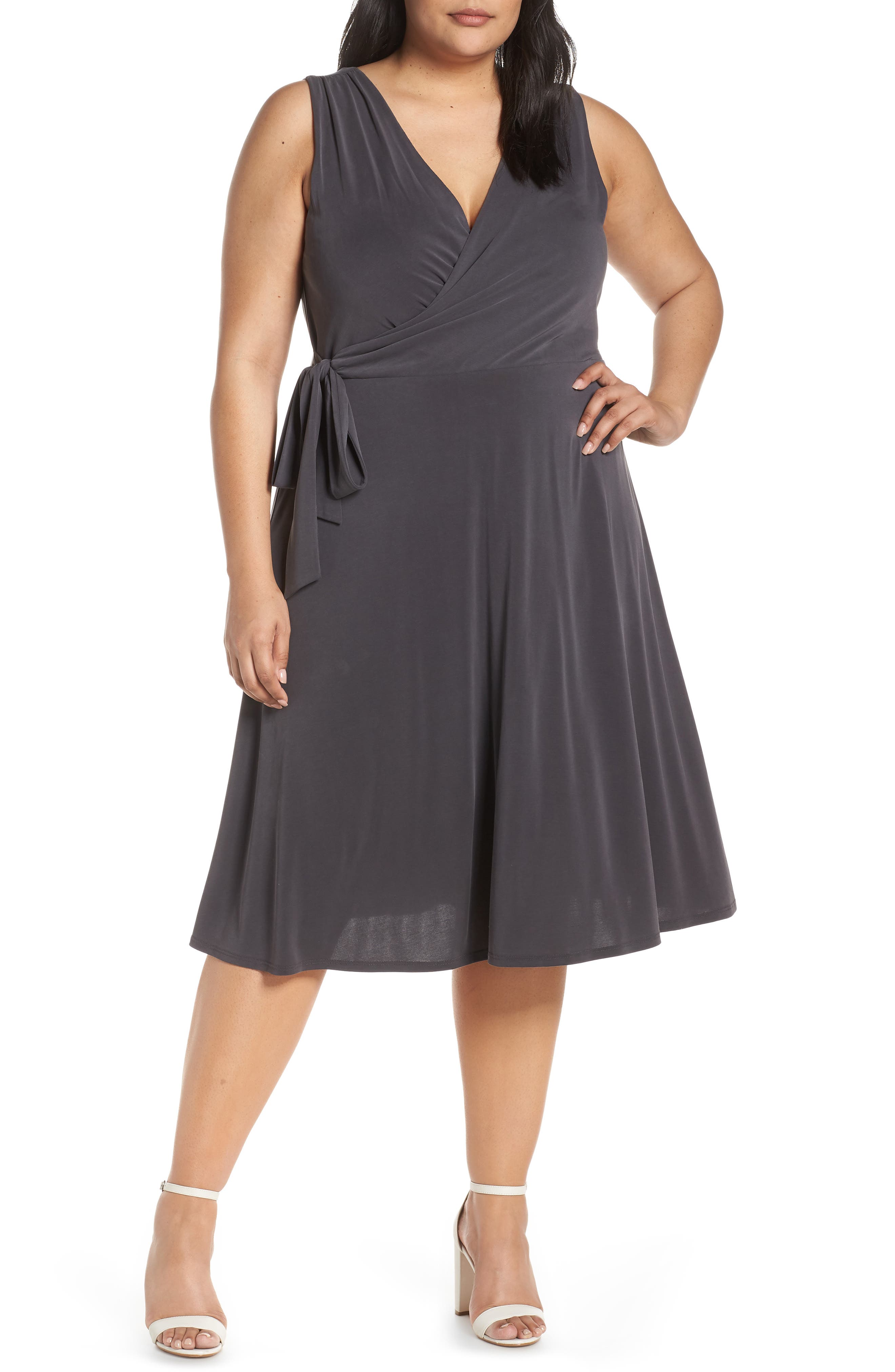 Plus Size Chelsea28 Faux Wrap Tank Dress, Grey
