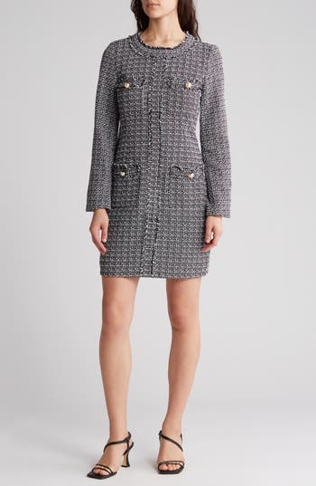 Nanette Lepore Long Sleeve Bouclé Shift Dress In Gray