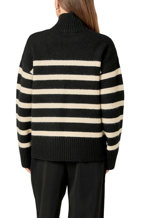 Shop English Factory Stripe Turtleneck Sweater In Black/cream