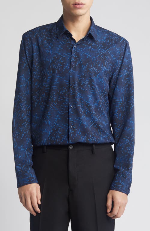 Trim Fit Button-Up Shirt in Blue-Navy Cubic Lines