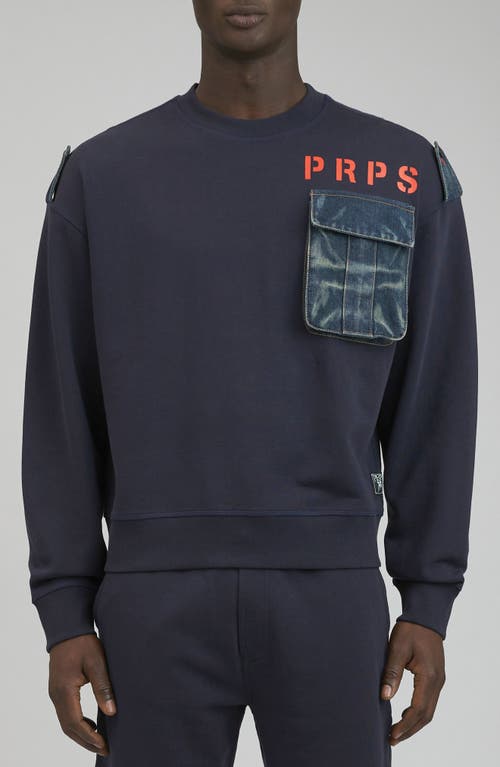 Shop Prps Sandai Denim Trim Cotton Sweatshirt In Navy