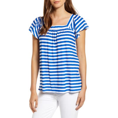 Petite Gibson X Hi Sugarplum! Malta Square Neck Ruffle Sleeve Cotton Blend Tee, Blue