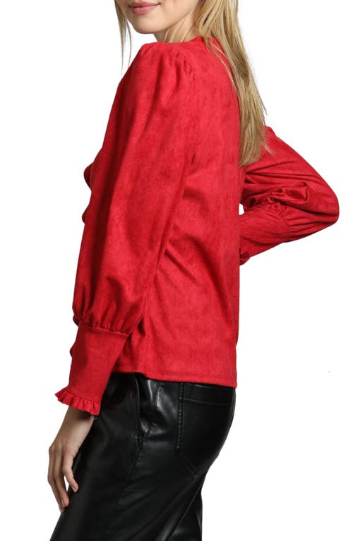 Apny Ruffle Puff Sleeve Faux Suede Button-up Shirt In Red