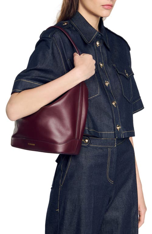 Shop Sandro Leather Bucket Bag Tangoso In Bordeaux