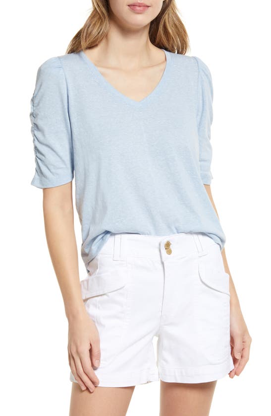 WIT & WISDOM HEATHERED RUCHED PUFF SLEEVE T-SHIRT