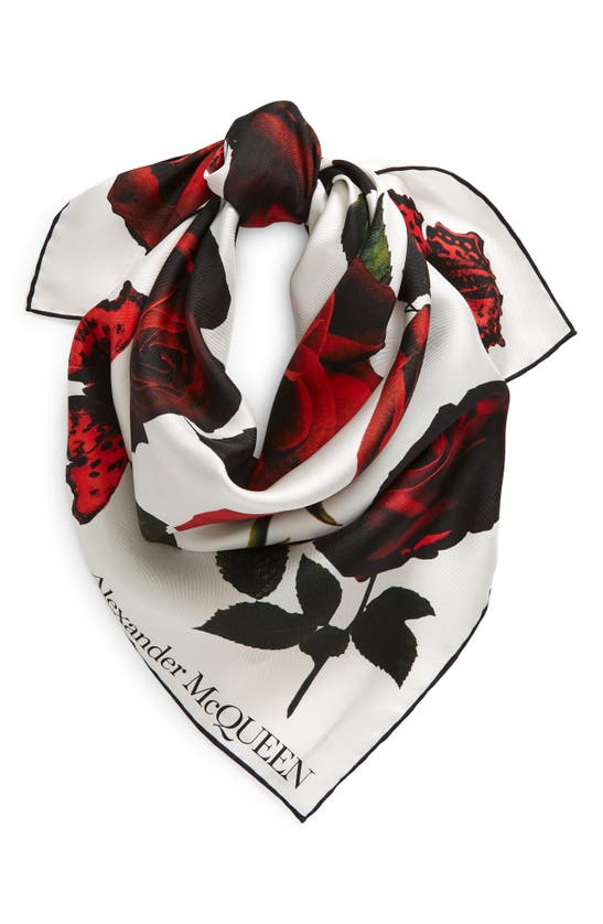 Shop Alexander Mcqueen Rose Silk Square Scarf In Ivory/ Red