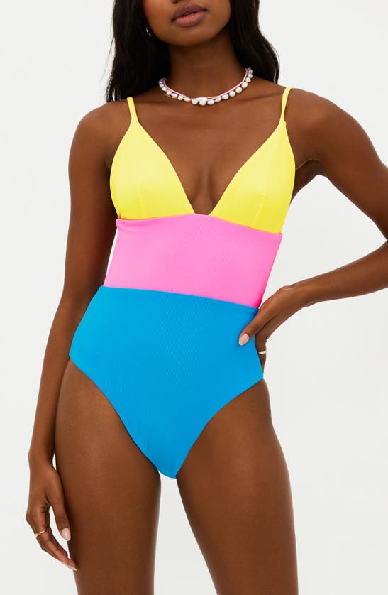 Shop Beach Riot Wren Rib Colorblock One-piece Swimsuit In Coral Reef Colorblock