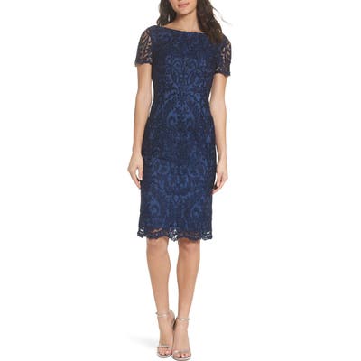 La Femme Beaded Lace Sheath Dress, Blue