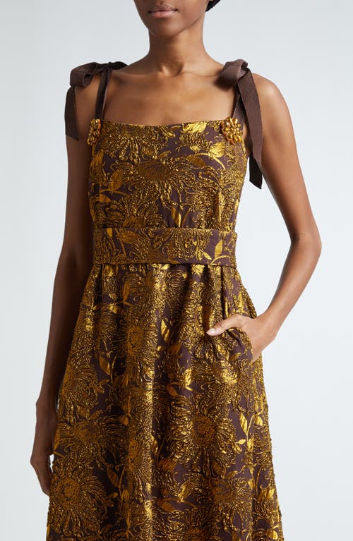 Shop Lela Rose Sunflower Brocade Gown In Chestnut/gold