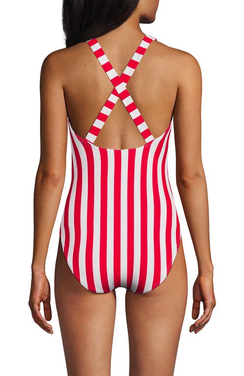 Lands' End Chlorine Resistant Scoop Neck X-back High Leg Soft Cup Tugless Sporty One Piece Swimsuit In Strawberry/white Stripe
