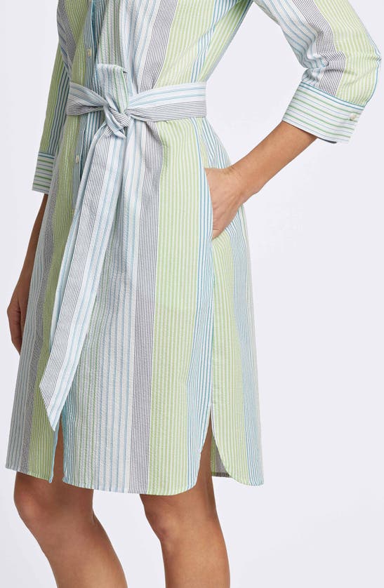 Shop Foxcroft Rocca Stripe Belted Three-quarter Sleeve Shirtdress In Blue Multi