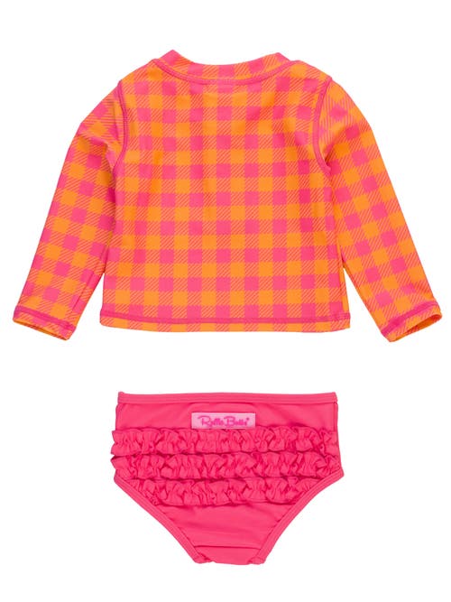 Shop Rufflebutts Girls Upf50+ Long Sleeve Zipper Rash Guard 2-piece In Sunset Sorbet Gingham