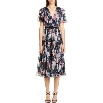 Erdem Floral Ruffle Silk Chiffon Midi Dress, US / 12 UK - Black