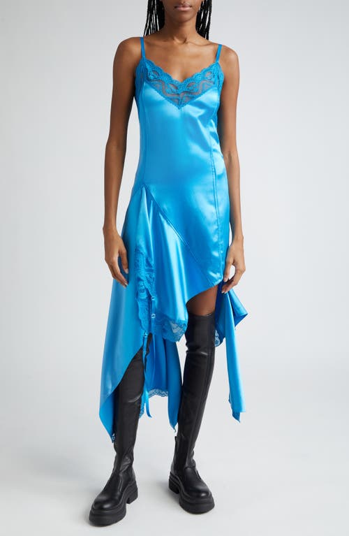 Lace Trim Asymmetric Silk Satin Midi Dress in Aqua