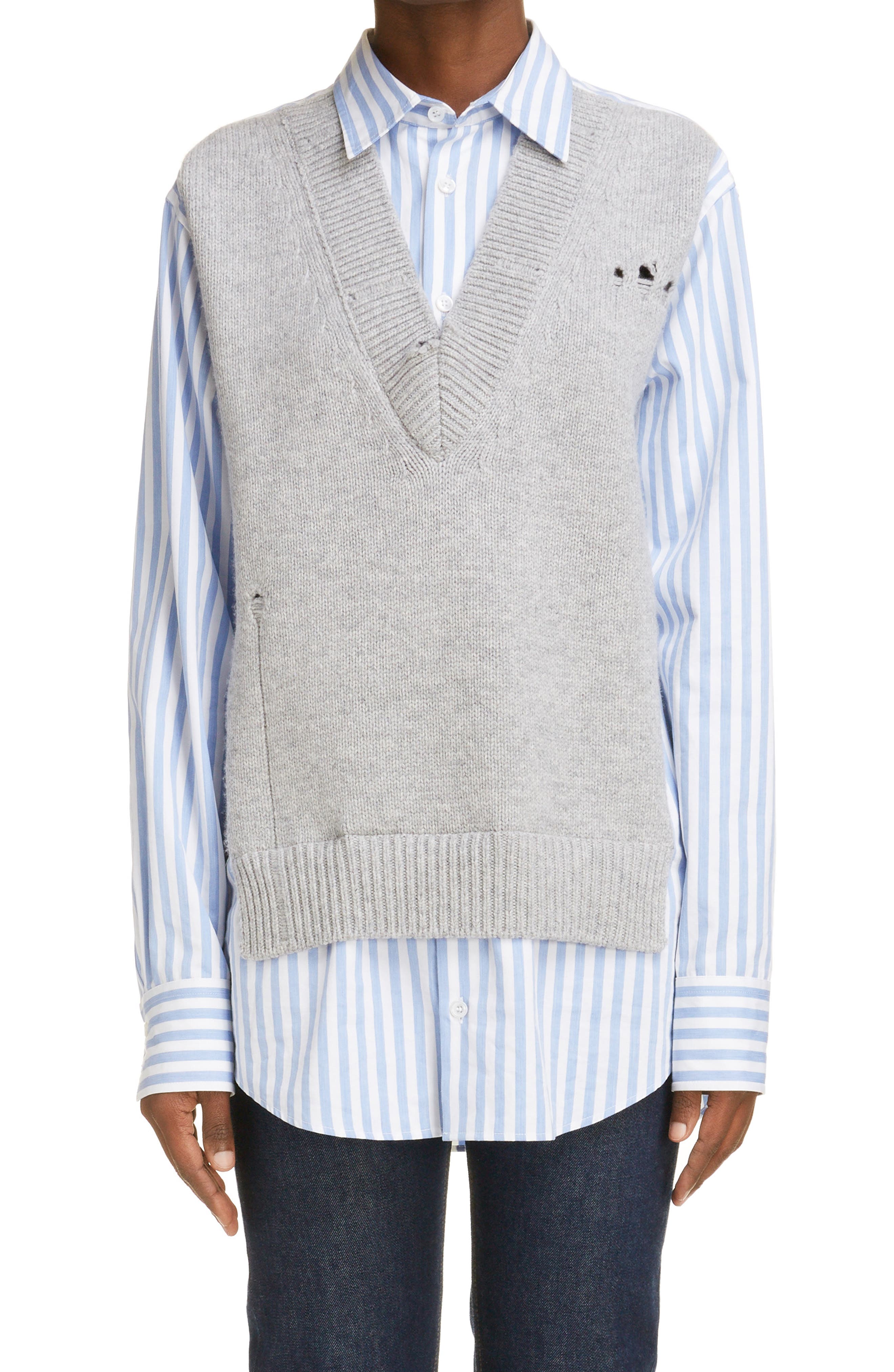 Maison Margiela Hybrid Wool Sweater Vest & Cotton Poplin Button-Up Shirt in Stripe White And Sky at Nordstrom