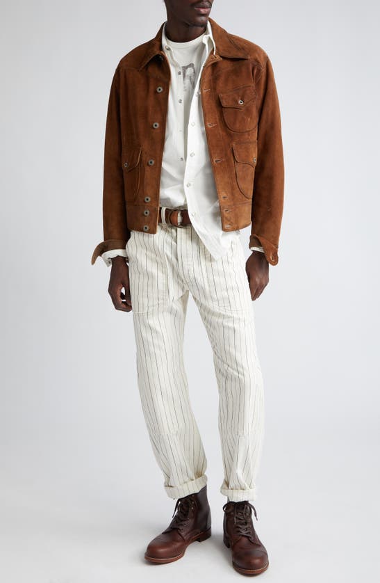 Shop Double Rl Moore Pinstripe Herringbone Carpenter Pants In Off White/ Black