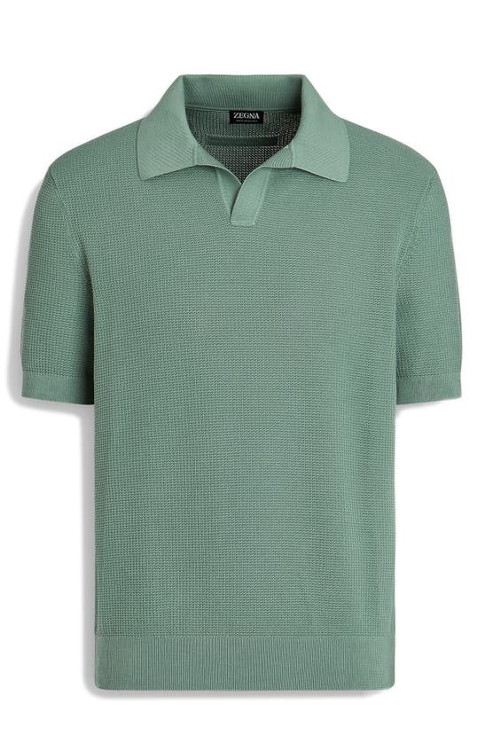 Zegna Waffle Stitch Premium Cotton Polo Sweater In Agave