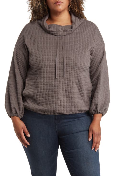 Waffle Knit Long Sleeve Pullover (Plus)