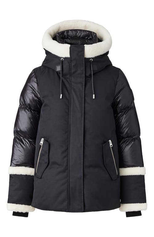 Mackage Cyrah Water Repellent 800 Fill Power Down Puffer Jacket With Genuine Shearling Trim In Black-cream