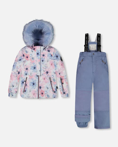 Shop Deux Par Deux Girl's Two Piece Snowsuit Solid Pant And Printed Watercolor Blue Flowers In Multi