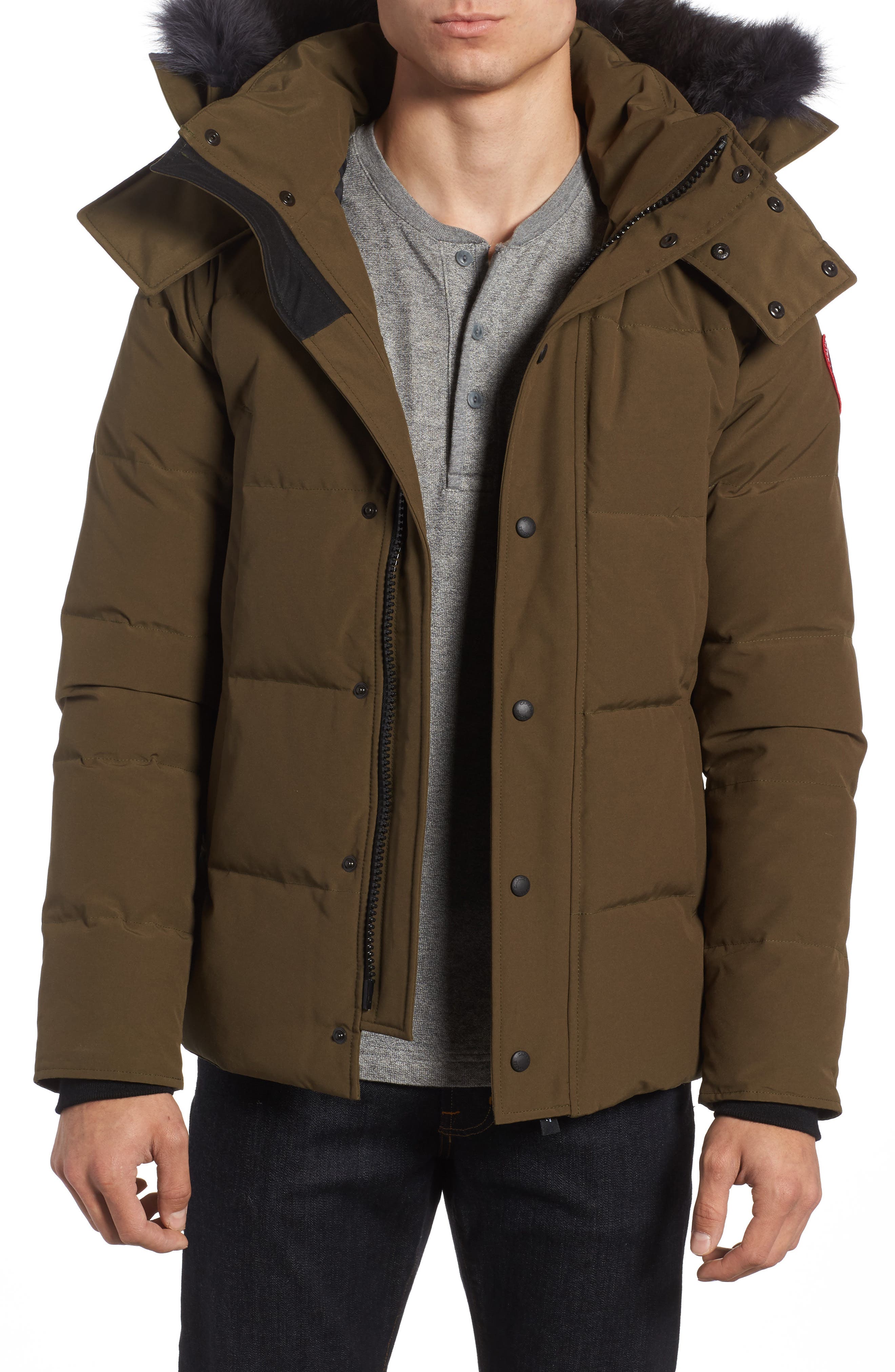Canada Goose Wyndham Slim Fit Genuine Coyote Fur Trim Down Jacket, Green